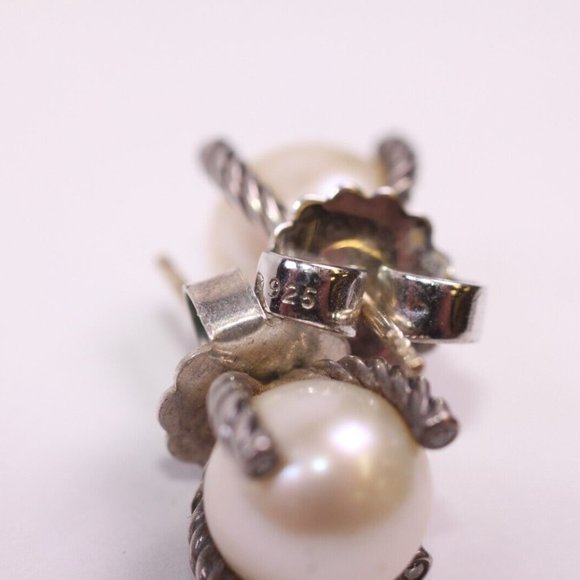 David Yurman Pearl Diamond 925 Sterling Silver Cable Stud Earrings 9.5mm (R721) - Picture 2 of 5